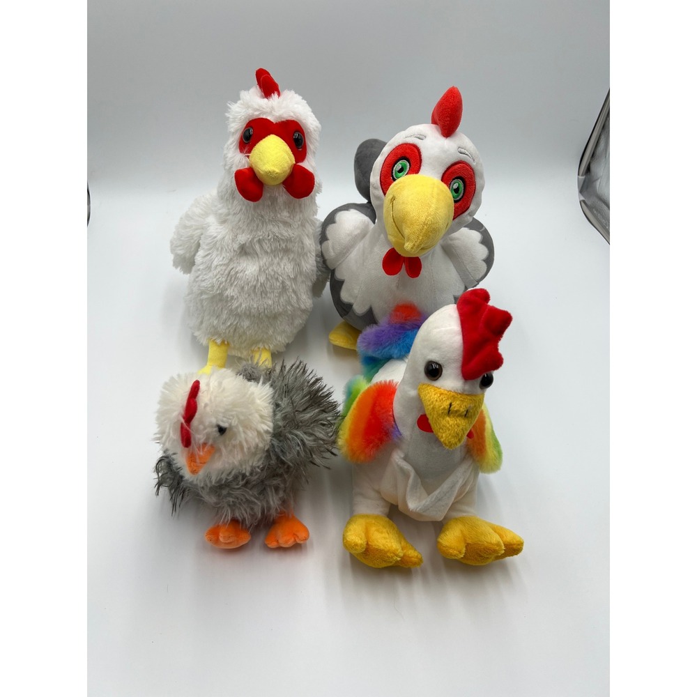 Lot of 4 Plush Chickens Roosters Hug & Luv Fun Stuff Rainbow Farm Bird Toys